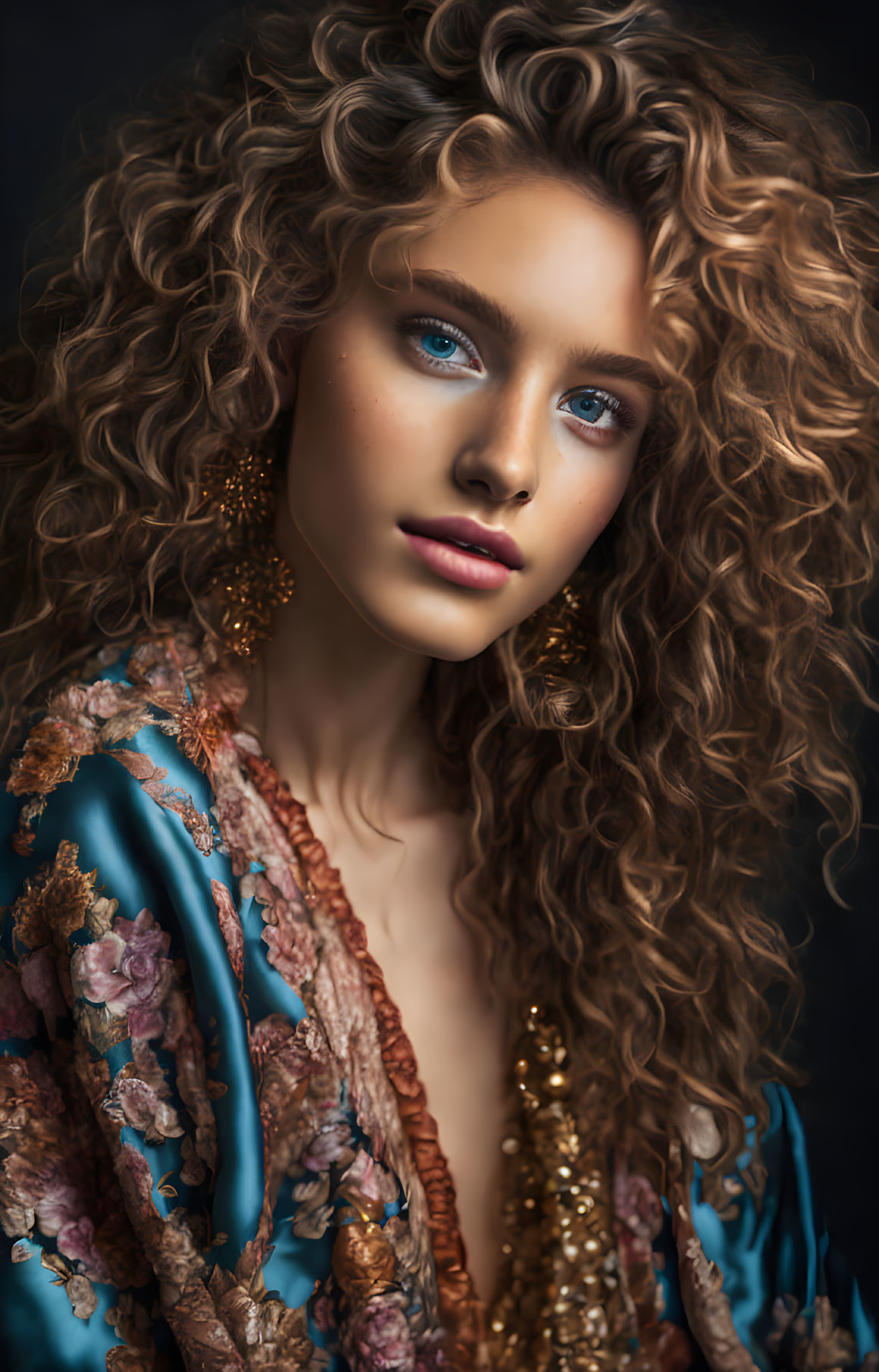 Portrait of woman with voluminous curly hair, blue eyes, gold earrings, floral top