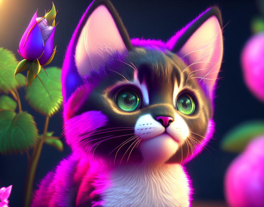 Hyper-realistic digital artwork: Vibrant pink and green cat with expressive eyes among roses at night