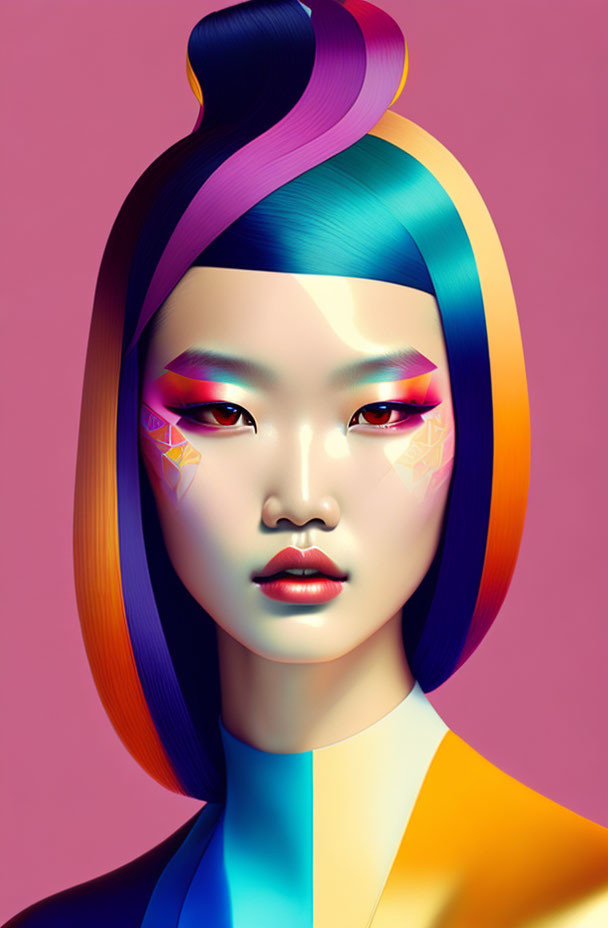 Stylized woman with blue and purple hair and vibrant makeup on pink background