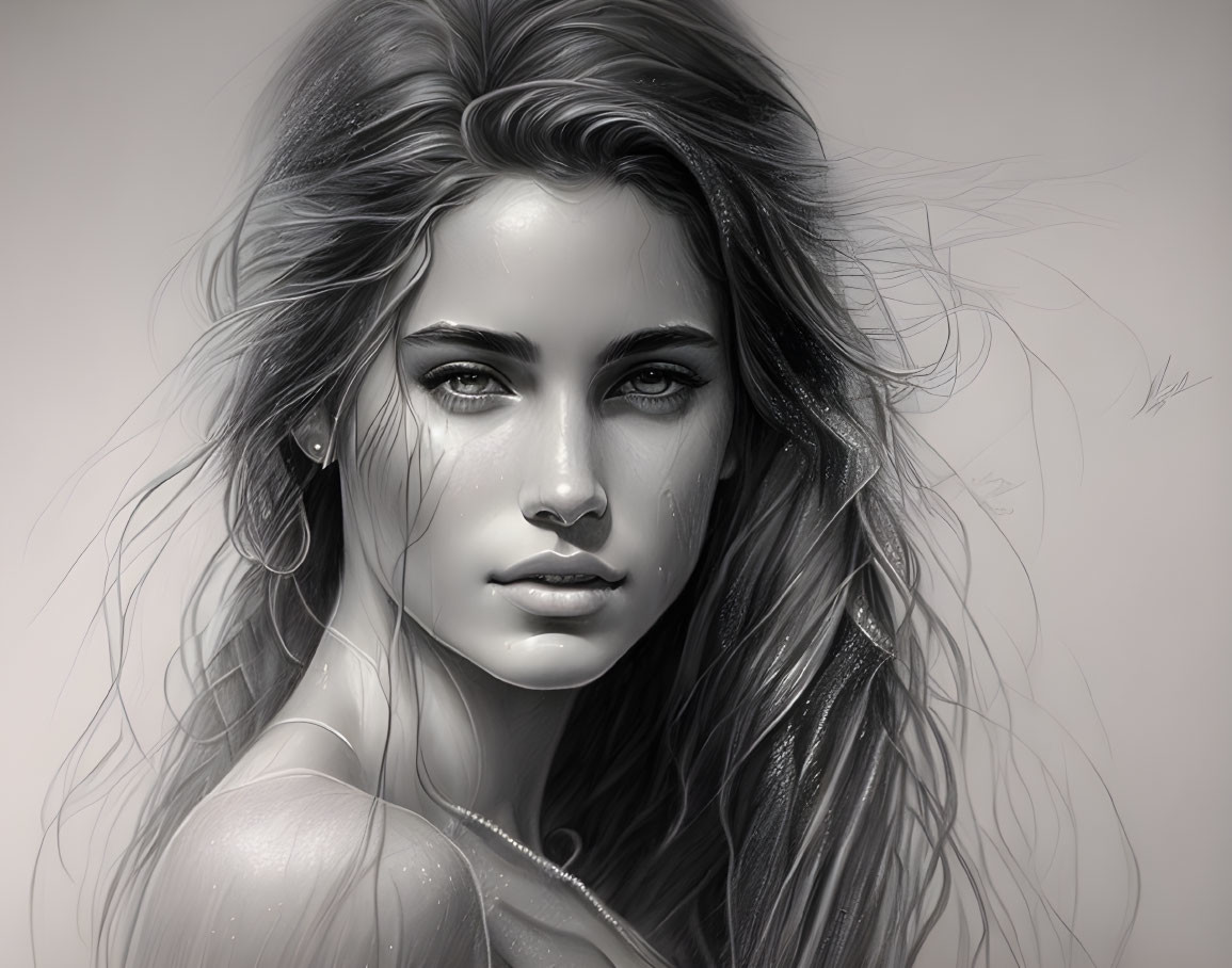 Detailed monochrome digital portrait of young woman with flowing hair and intense gaze