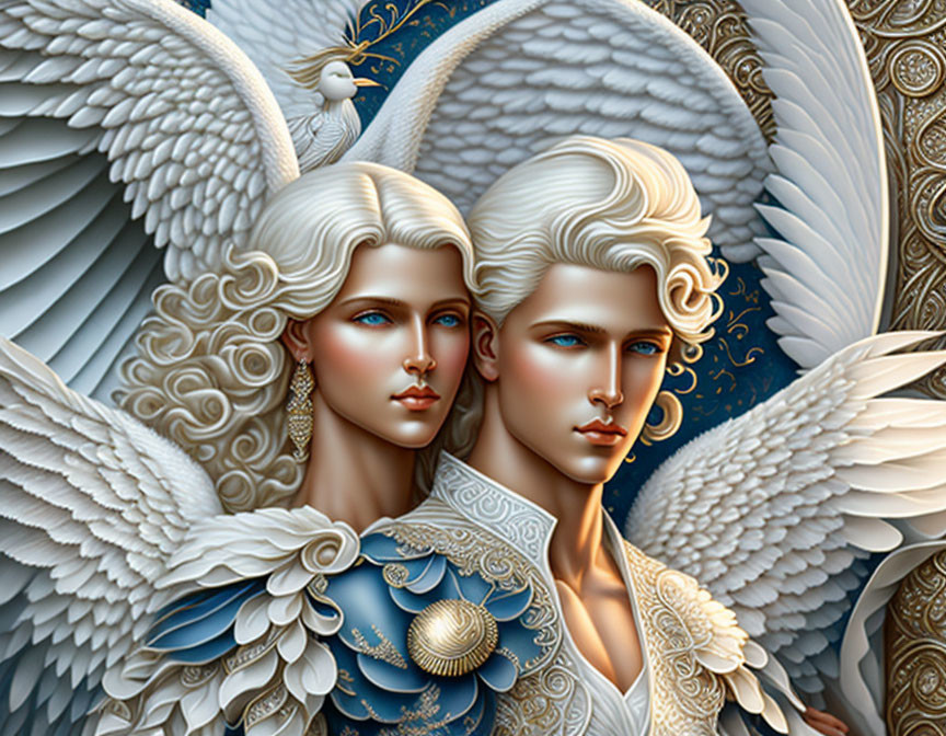 Ornate angelic figures with intricate wings and elegant attire in blues and golds