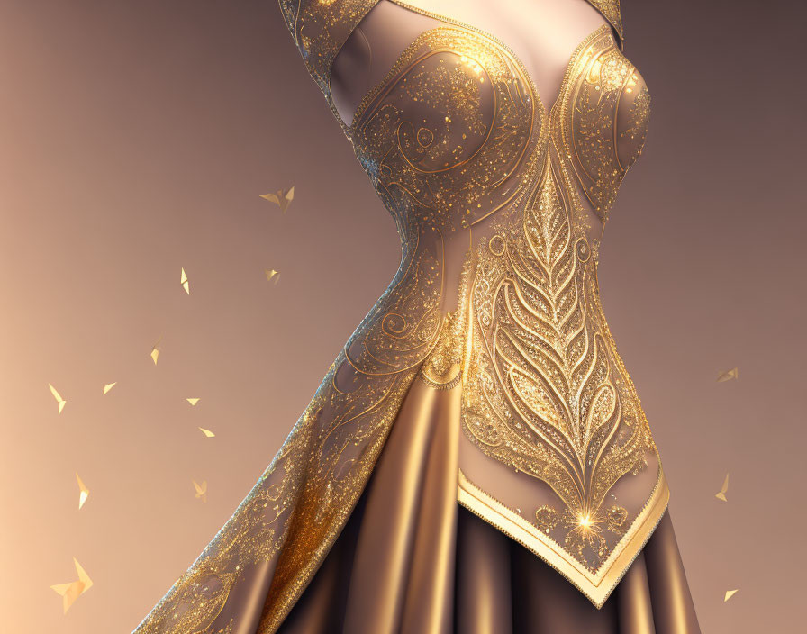 Golden Corset Dress with Sparkling Patterns on Soft Brown Background