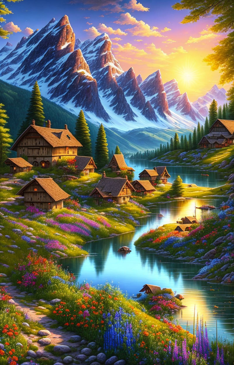 Tranquil lake, wildflowers, cottages, snow-capped mountains in sunlight