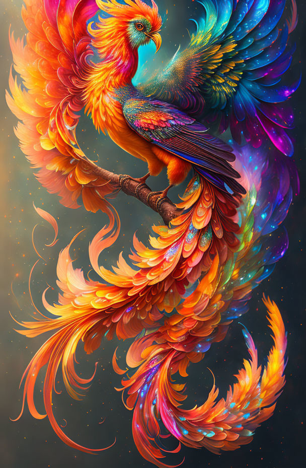 Colorful digital artwork: Fantastical bird with iridescent feathers on branch