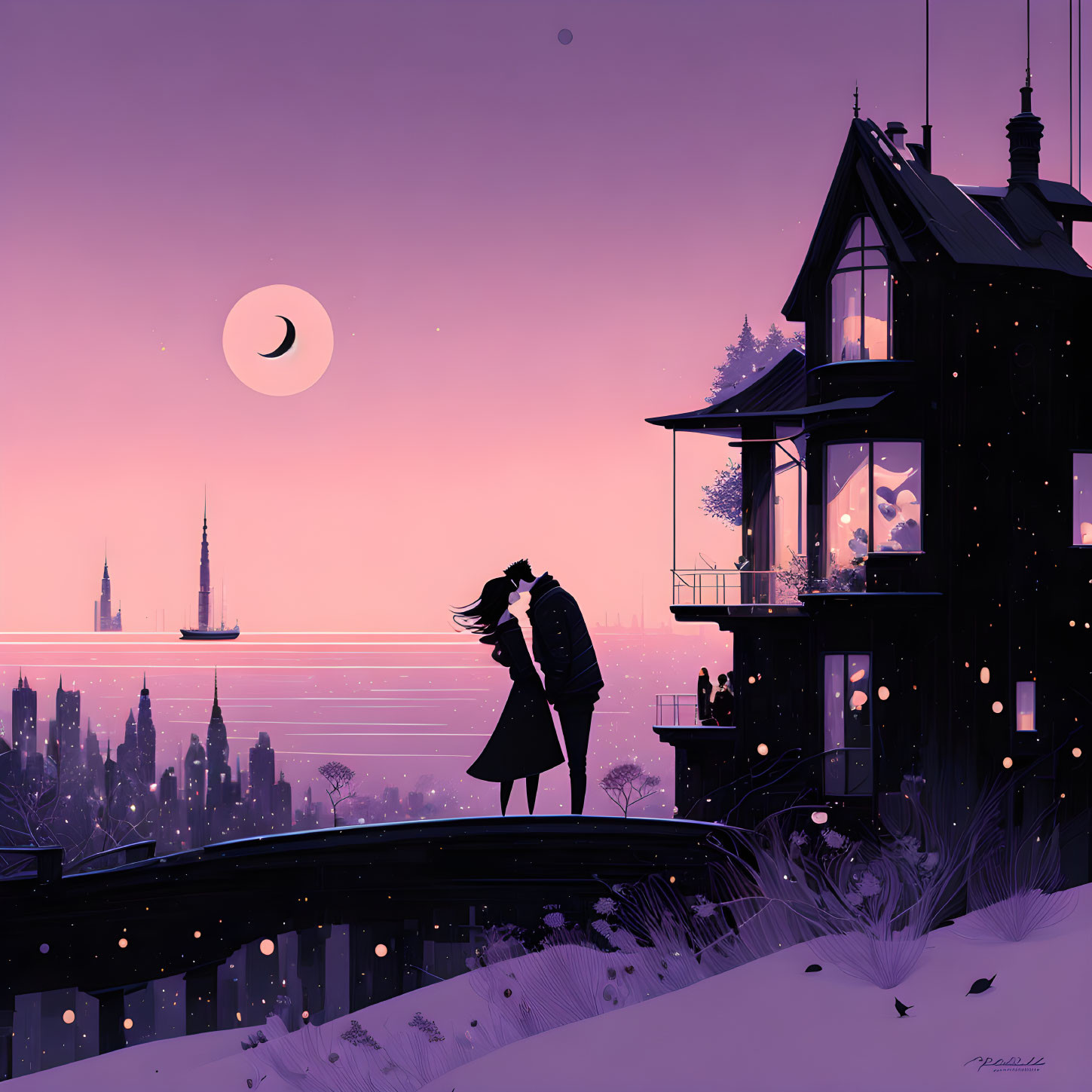 Romantic couple embracing on balcony overlooking purple cityscape at sunset