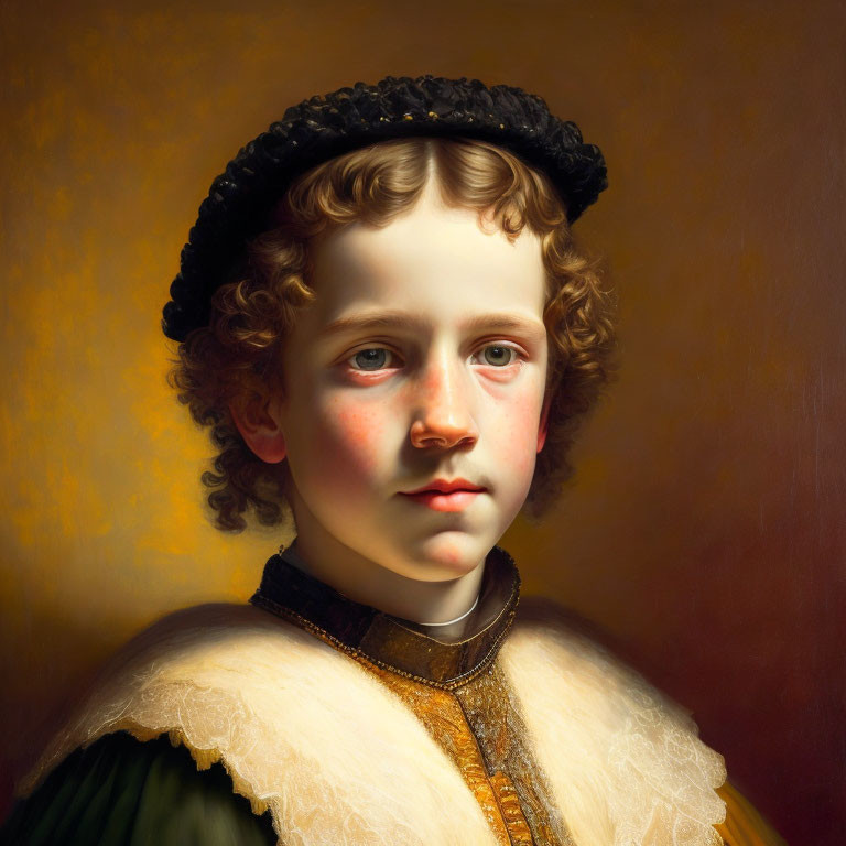 Child portrait with curly hair, black headpiece, white collar, green garment