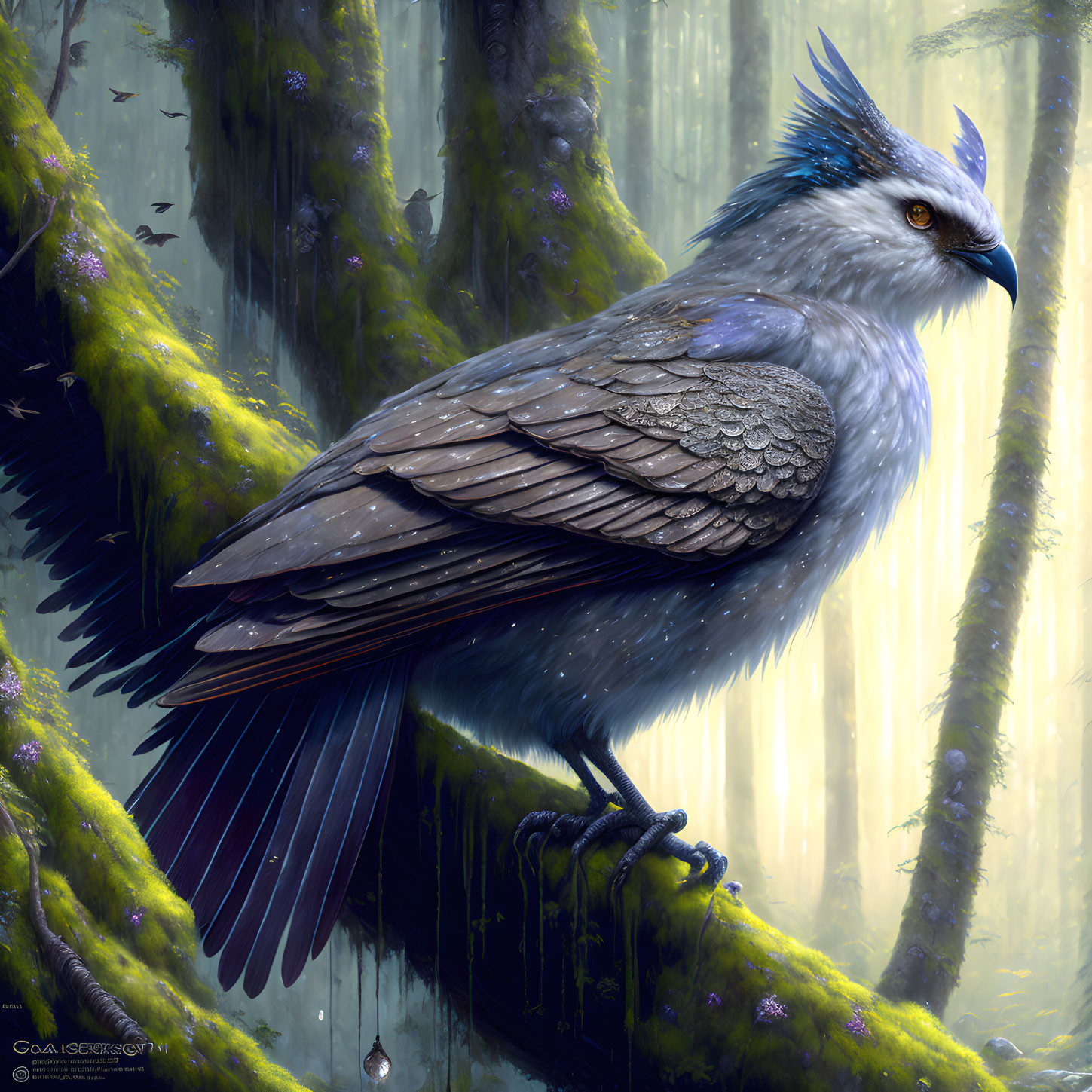 Large blue and gray bird perched on mossy tree in ethereal forest