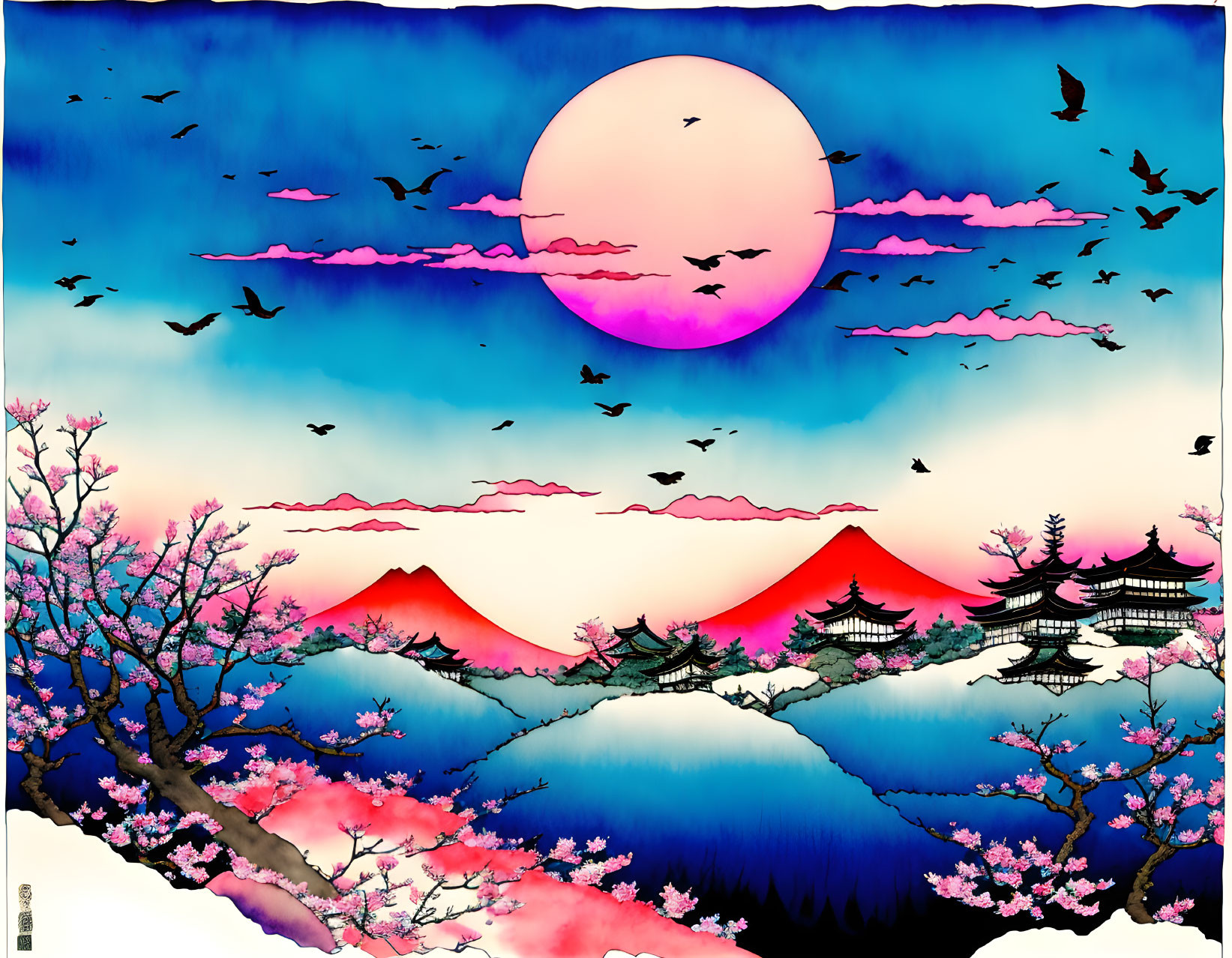 Colorful sunset scene with sun, birds, mountains, cherry blossoms & Asian buildings