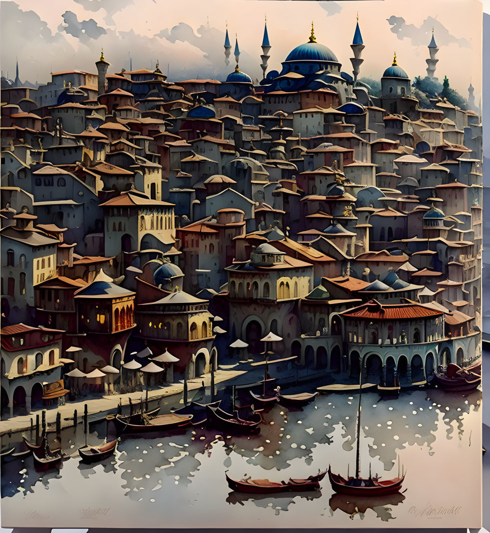 Detailed cityscape illustration with domed buildings and boats near water at dusk