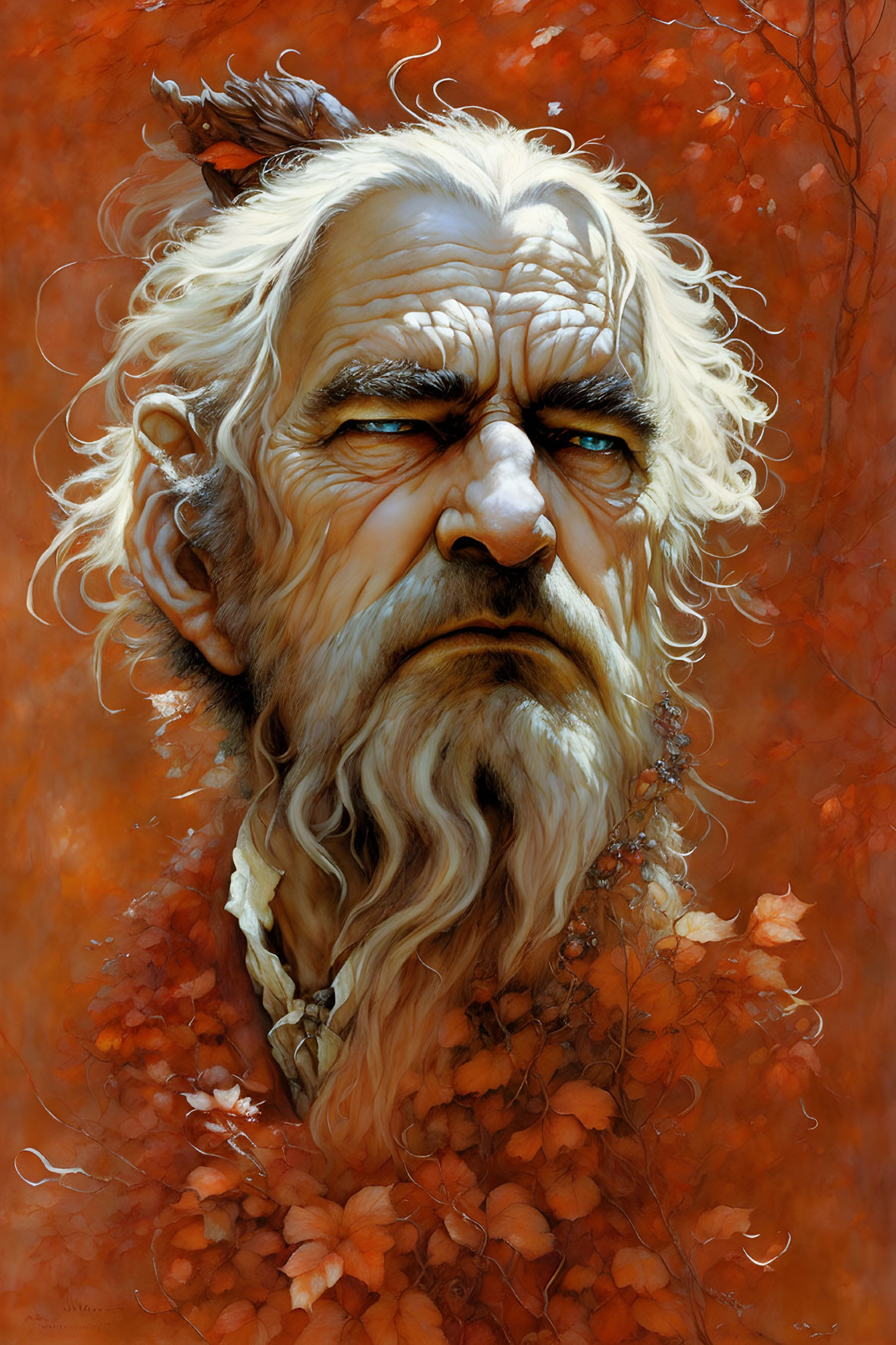 Elderly man with long white hair, beard, orange leaves, and bird.