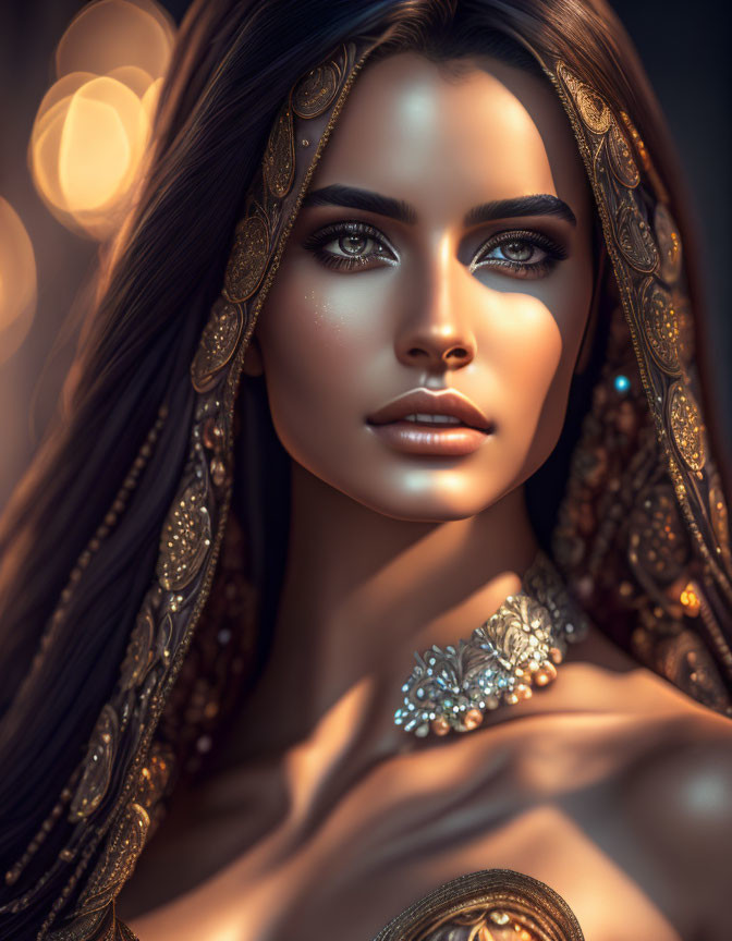 Detailed jewelry adorns woman in warm light portrait