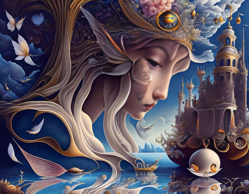 Surreal illustration of woman's face with intricate headdress in fantastical landscape