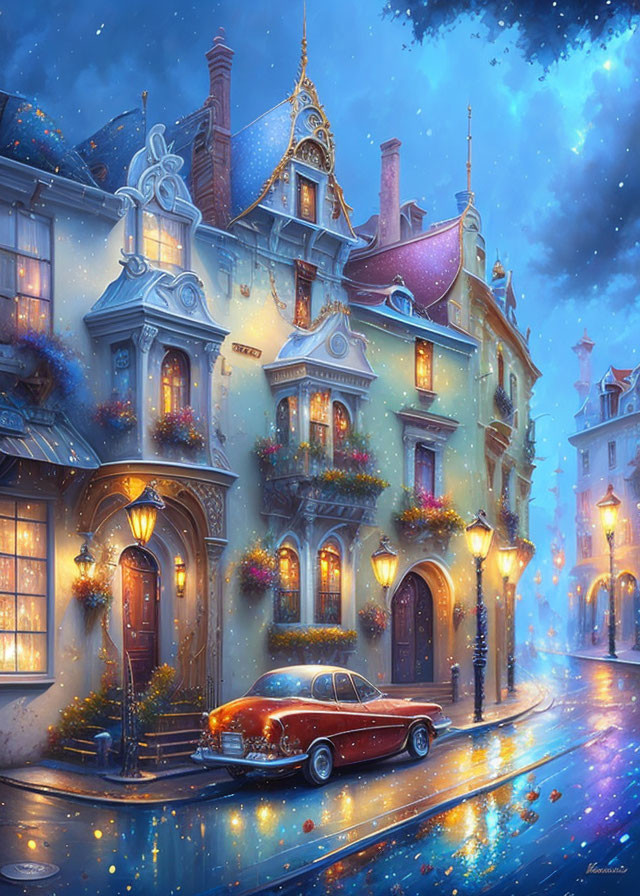 Charming Night Street Scene with Ornate Buildings and Classic Car