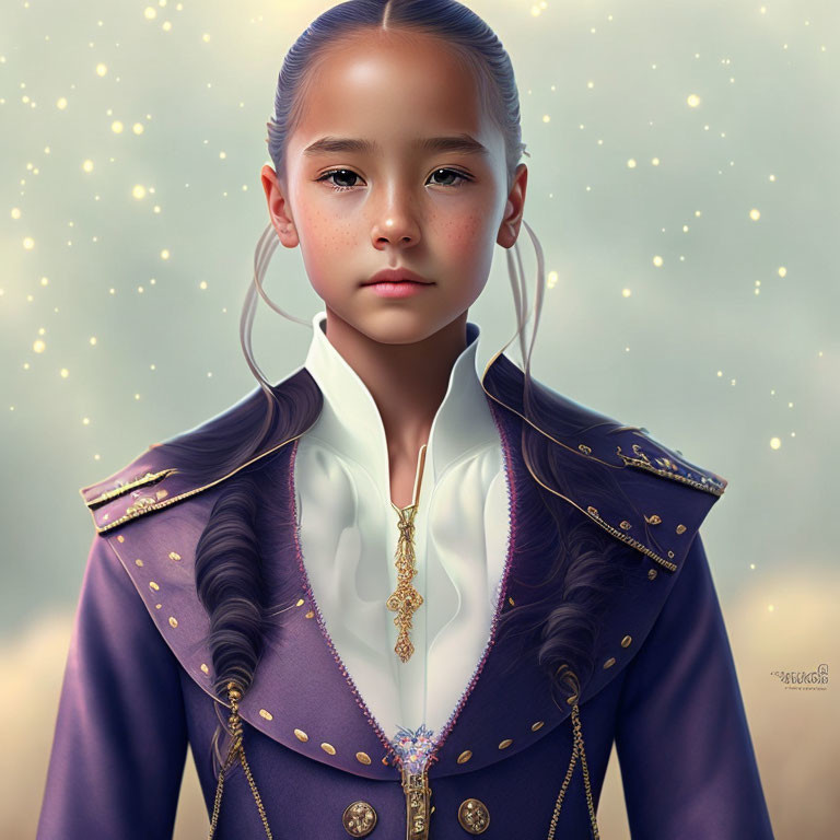 Young girl in braided hair, purple military jacket with gold buttons.