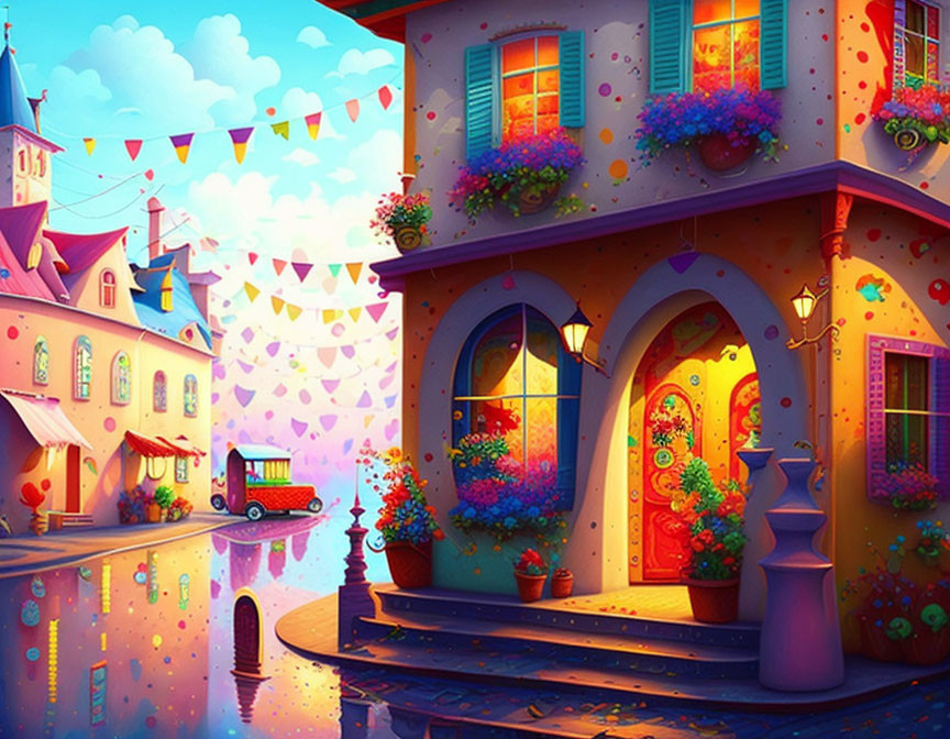 Vibrant street scene with colorful buildings and decorations