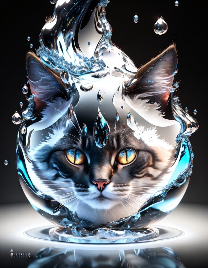 Hyper-realistic Cat Face in Water Splash with Crown Droplets