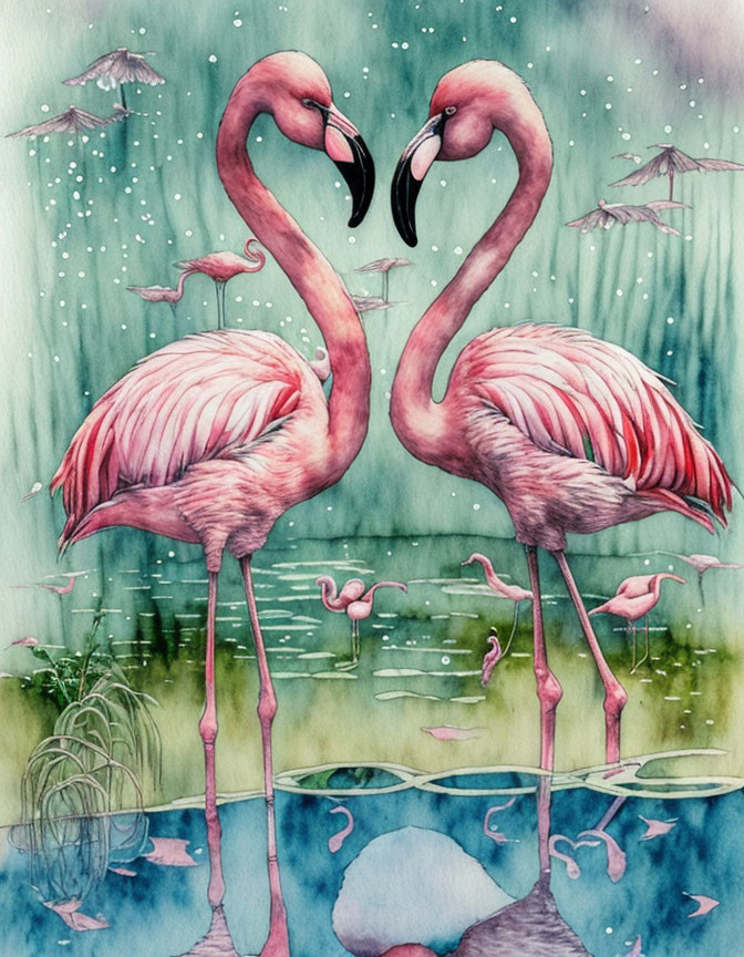 Flamingos Form Heart Shape in Watercolor Art