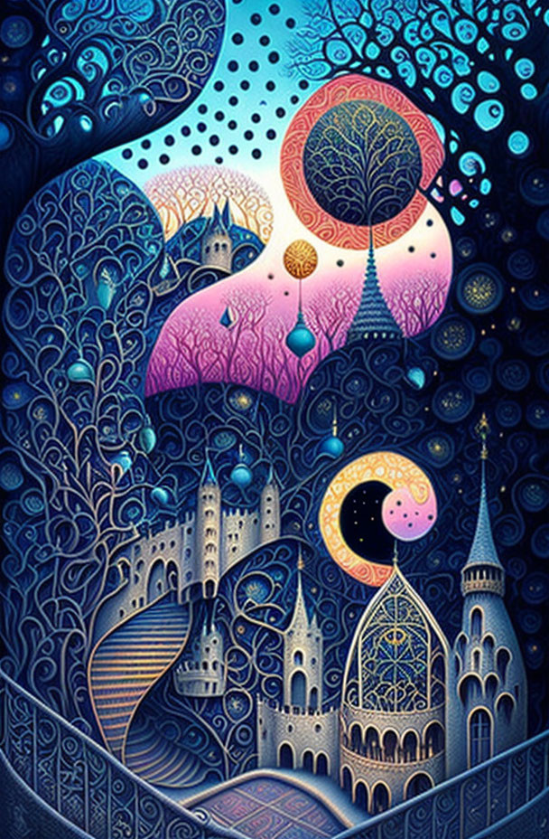 Colorful fantasy castle illustration under moonlit sky