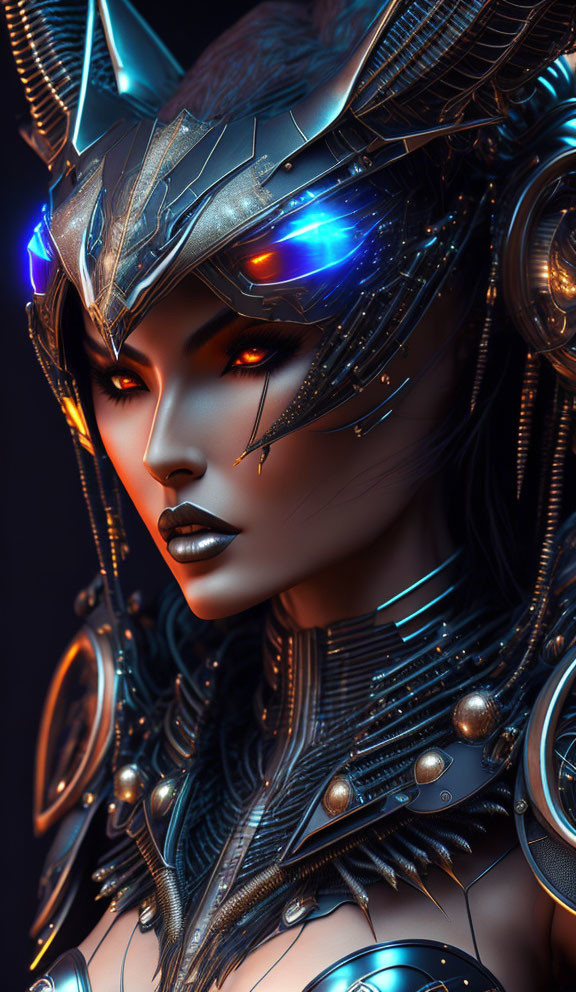 Futuristic female warrior in glowing orange eyes and sculpted metallic armor