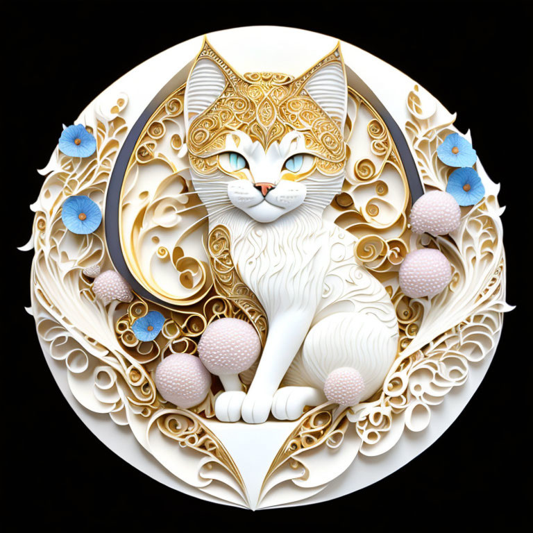 Intricate paper art of cat with ornate patterns, surrounded by florals and mushrooms on black