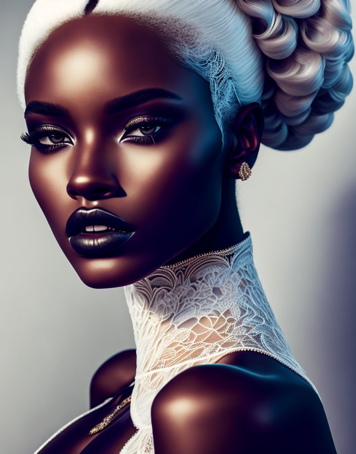 Portrait of woman with dark skin, bold makeup, white headwrap, lace collar.