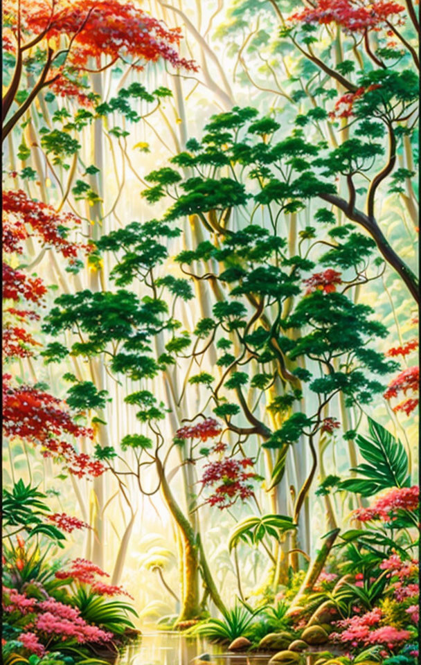 Lush Forest Painting with Bamboo, Red Trees, and Serene Pond