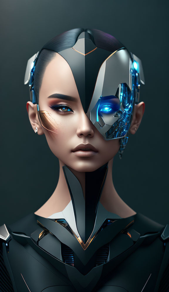 Futuristic female figure with half robotic face in modern armor suit