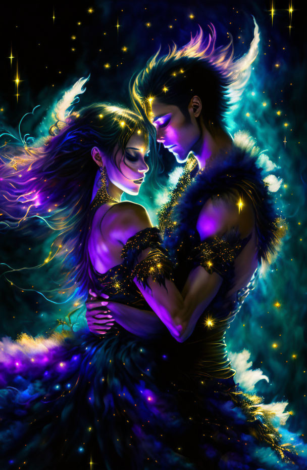 Celestial figures embrace in galaxy-themed aura