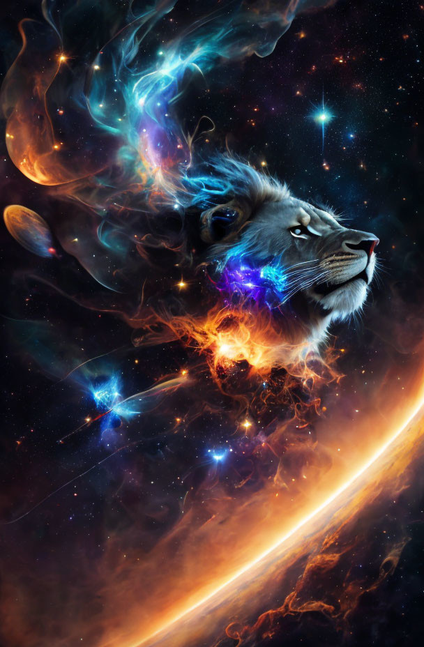 Lion profile merged with cosmic background and vibrant nebulae