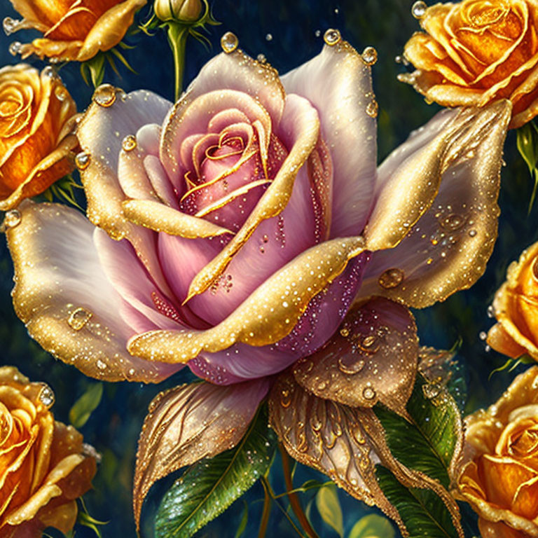 Luminescent pink and yellow rose with dew drops on dark blue background