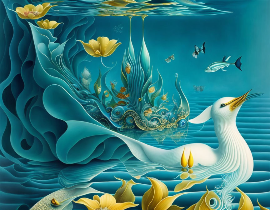 Surreal swan surrounded by fish, butterflies, and lilies on blue water