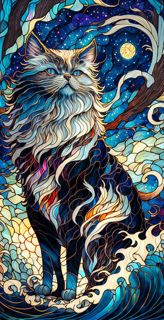 Majestic cat with starry night and moon pattern on mosaic background