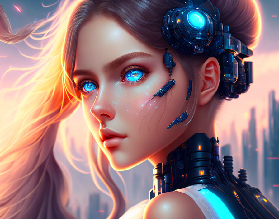 Futuristic female cyborg portrait with blue eyes and glowing circuitry