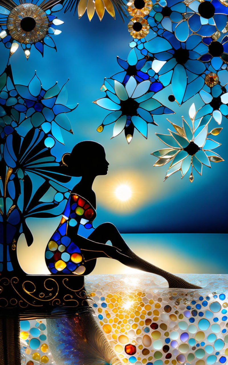 Colorful mosaic design woman silhouette under floral-patterned sky by the sea