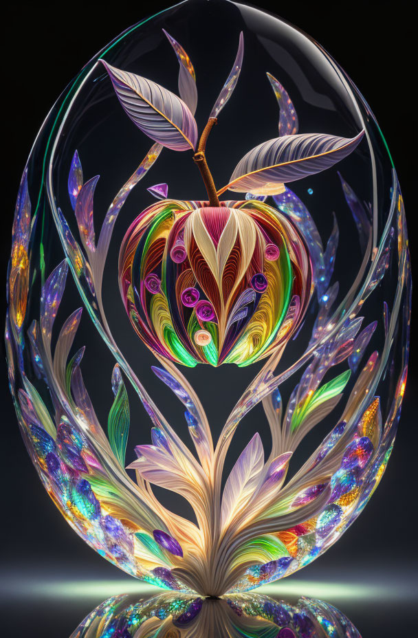 Colorful 3D glass apple in teardrop shape with luminous leaves & swirls