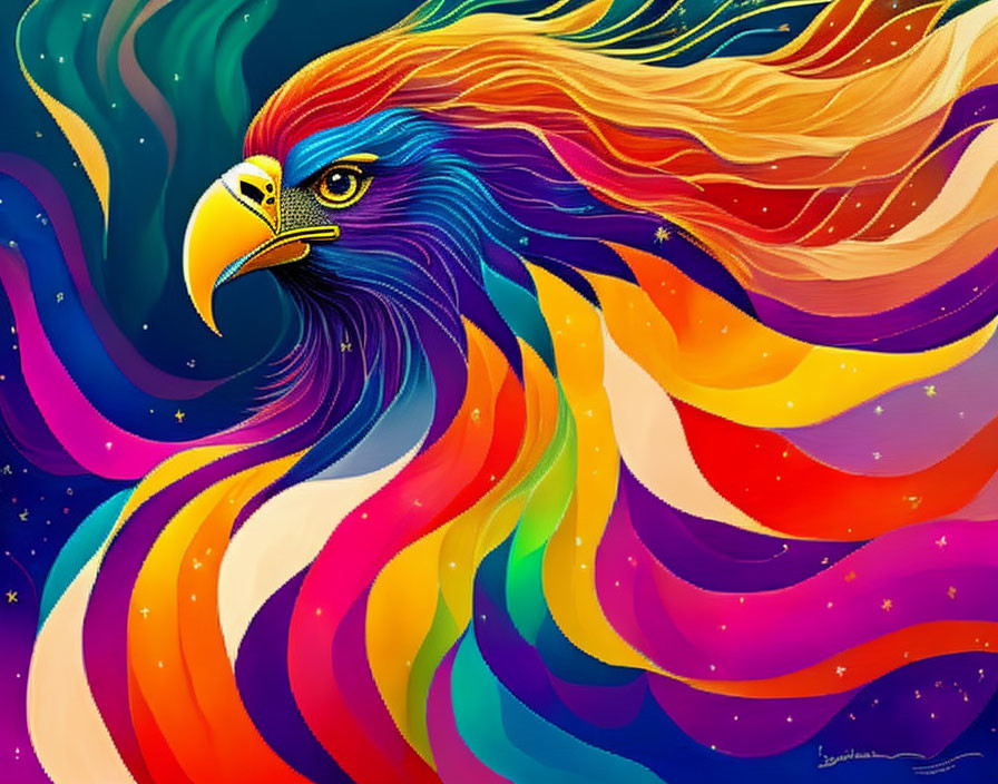 Vibrant eagle illustration with rainbow feathers on cosmic backdrop