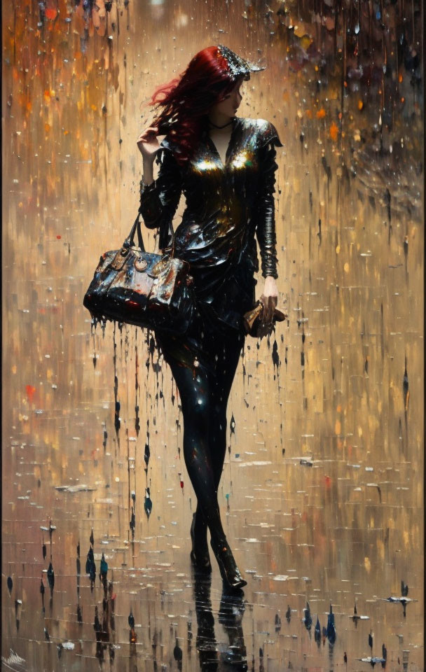 Red-haired woman in black dress walking in rain with large bag splashing water