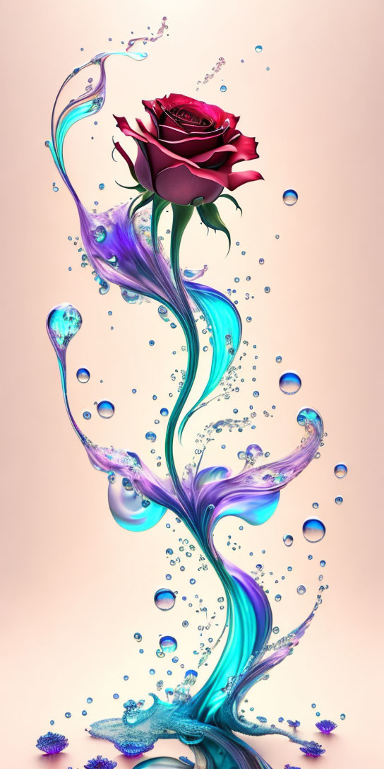 Vivid red rose surrounded by blue and violet water streams on blush background