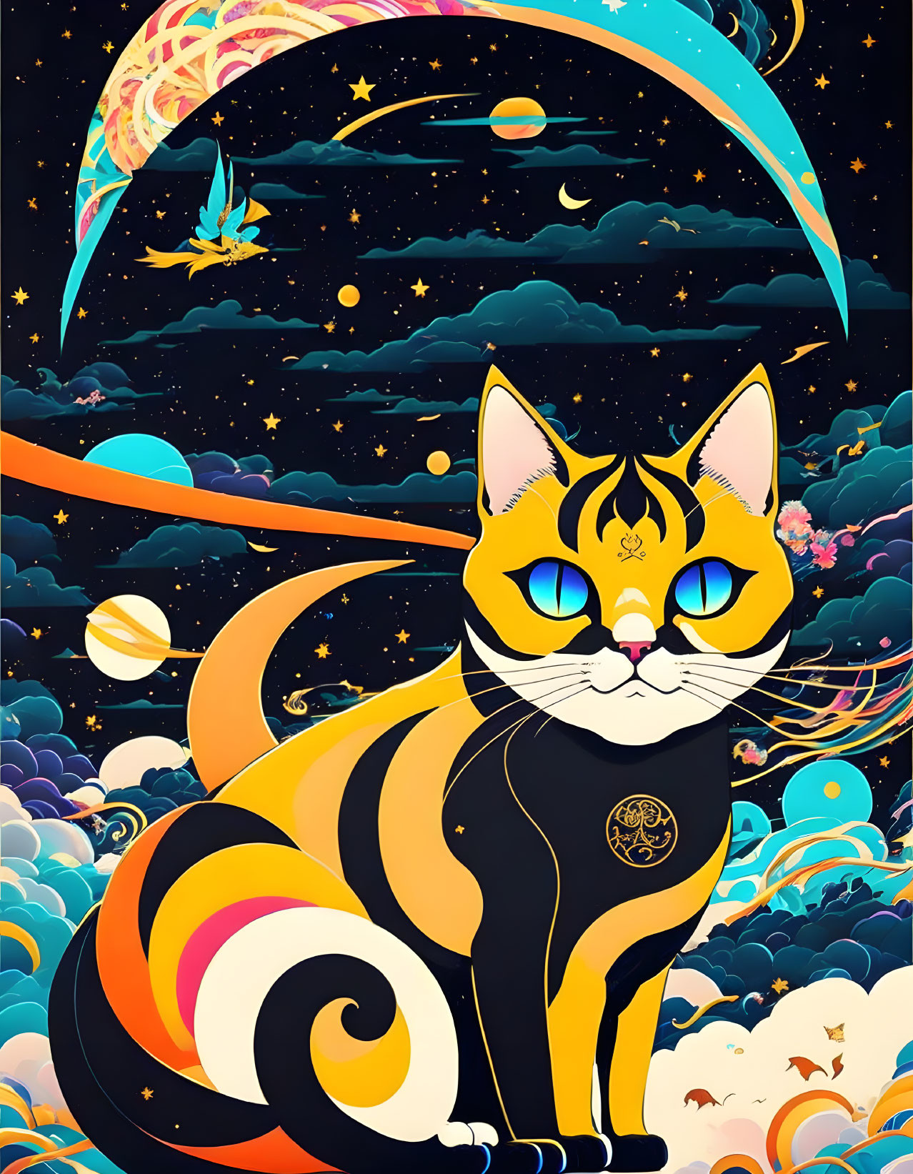 Colorful Cosmic Cat Illustration with Space Background