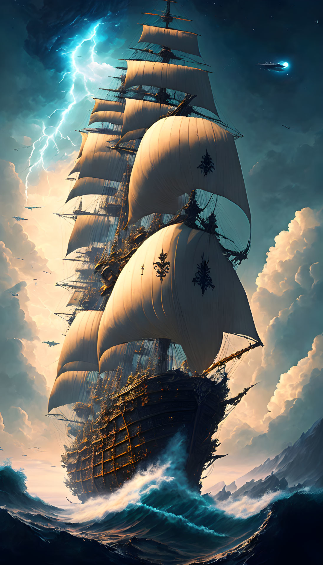 Tall ship with full sails in turbulent sea under dramatic sky