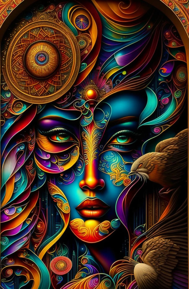 Colorful illustration of stylized woman's face with intricate patterns and cosmic wheel.