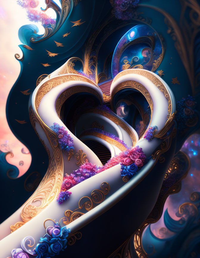 Colorful digital artwork: swirling gold patterns and floral motifs on cosmic blue background