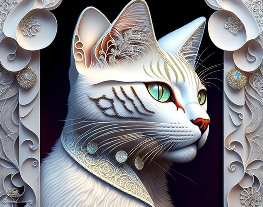 White Cat with Intricate Patterns and Jewel Embellishments on Decorative Backdrop