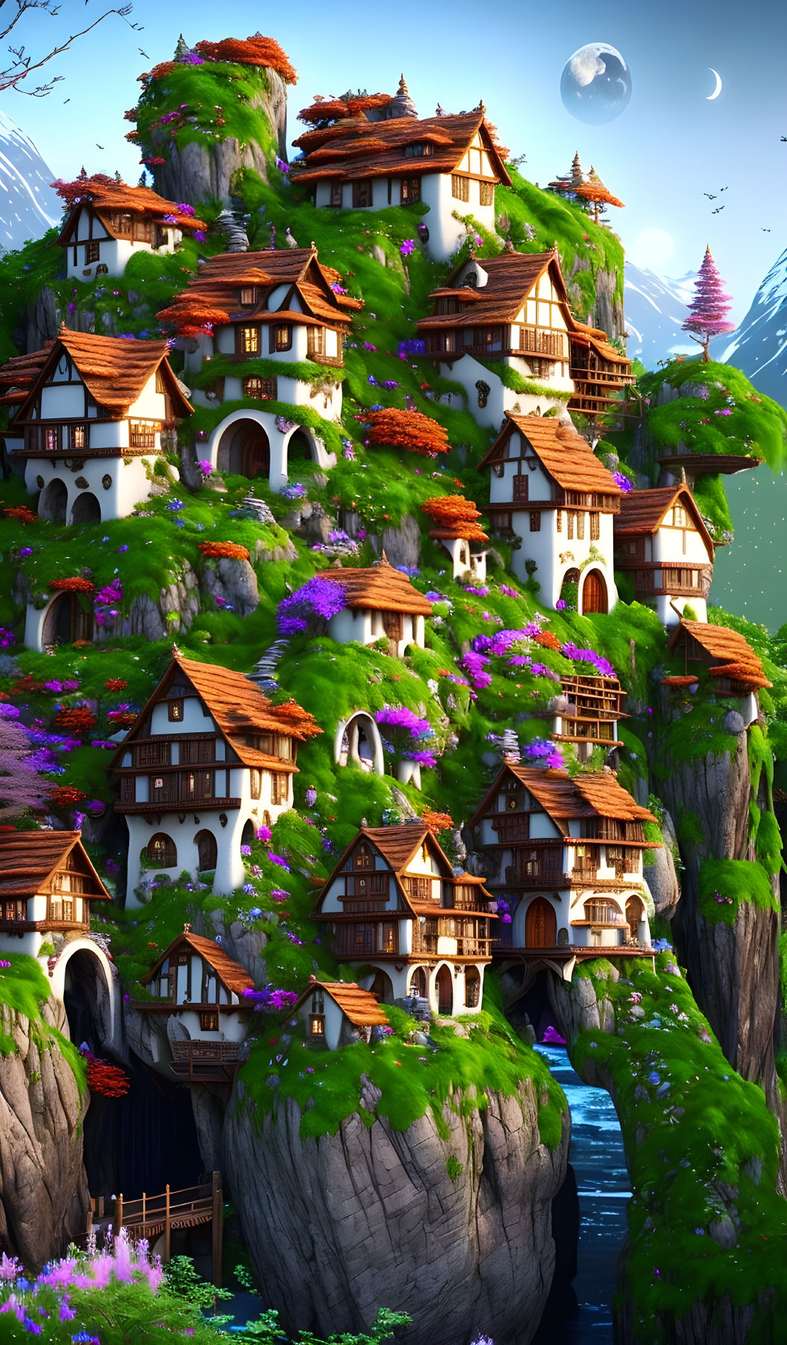 Enchanting fantasy village on cliffs with storybook houses, vibrant flowers, moonlit sky