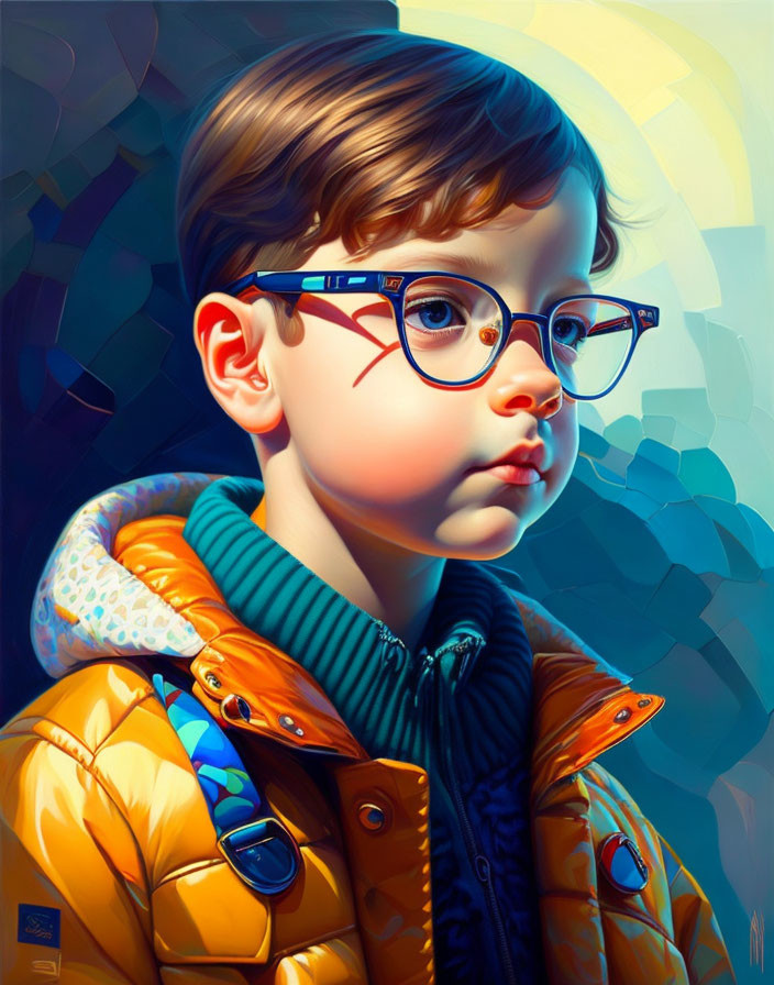 Young boy in glasses with yellow puffer jacket on blue background