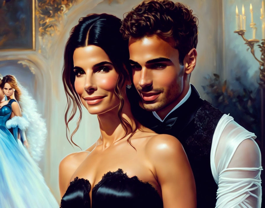 Stylized painting of glamorous couple in black dress and tuxedo