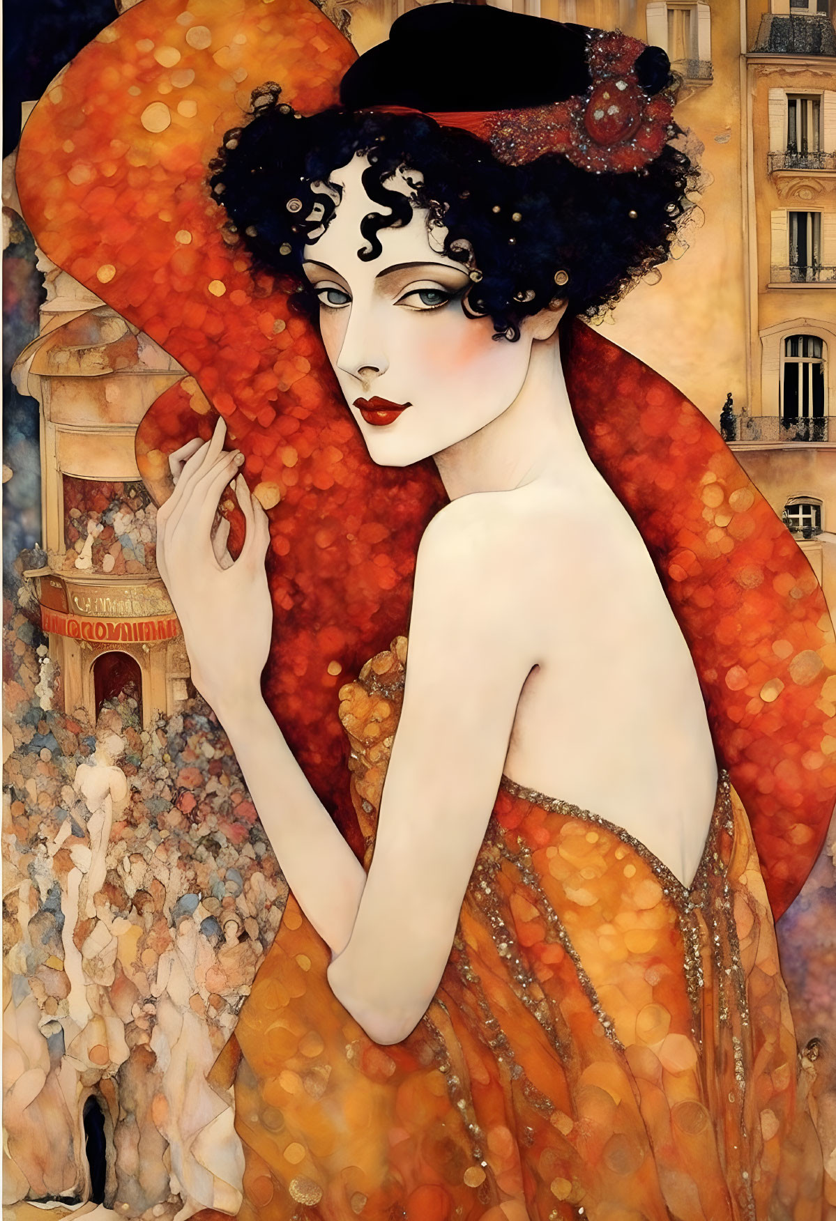 Whimsical woman illustration with Parisian street background