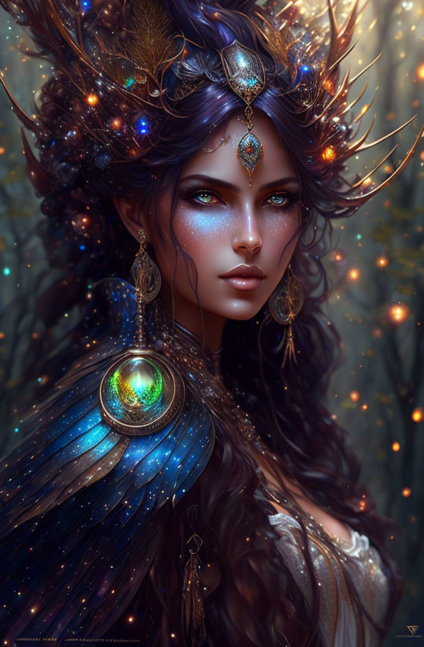 Woman with ornate headdress and glowing accessories in mystical fantasy artwork