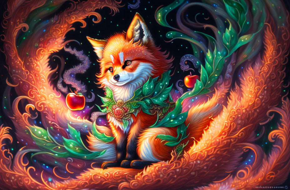 Colorful mystical fox surrounded by flames and cosmic patterns with apples and glowing leaves.