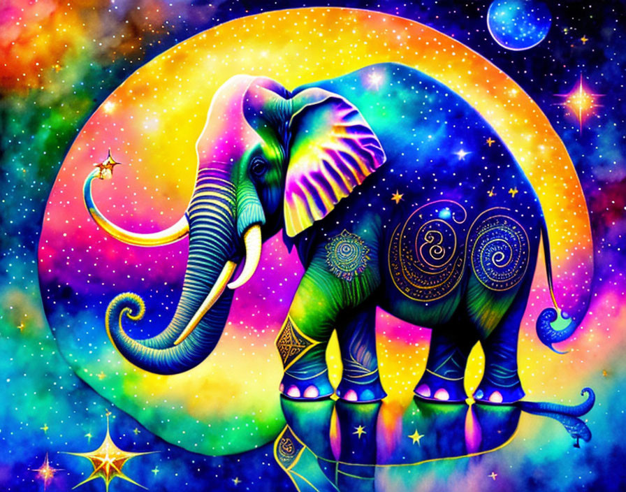 Colorful Psychedelic Elephant Illustration on Cosmic Background